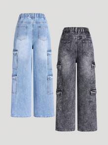 SHEIN Tween Girl Heavy Wash Asymmetrical High Waist Multi-Pocket Loose Straight Leg Jeans - Medium Wash - View 3