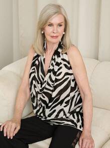 SHEIN LUNE 女士斑马条纹休闲宽松雪纺无袖超大围脖领露背上衣 - 彩色 - 查看 6