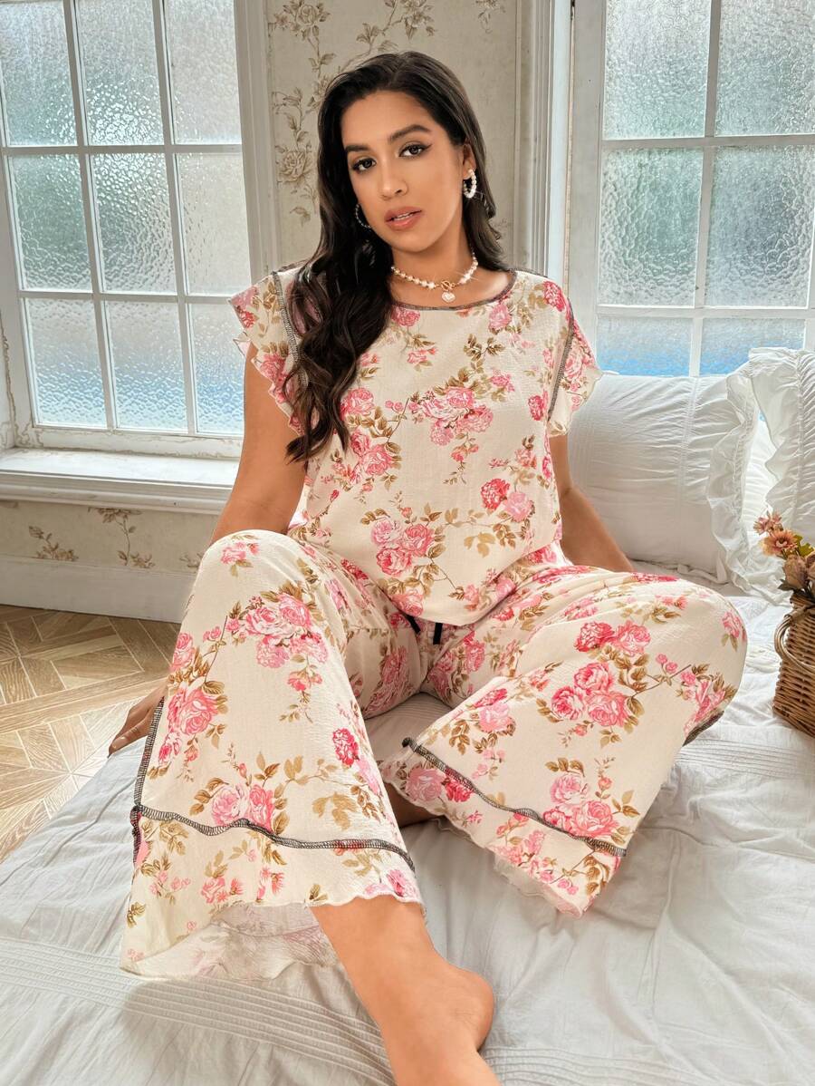 大码女式玫瑰印花荷叶袖圆领上衣和裤子睡衣套装 - 杏色 - 查看 1