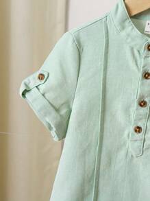 SHEIN 男童口號拼布細節捲軸袖半扣衫 - 薄荷綠 - 查看 5