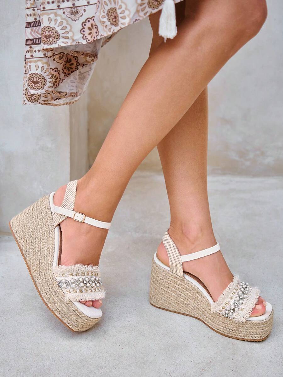 Styleloop Sandalias de plataforma con cuña y flecos para mujer - Blanco - Ver 1