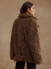 Anewsta Fluffy Jacket For Women With Leather Patchwork And Fluffy Surface - Brown - View 2