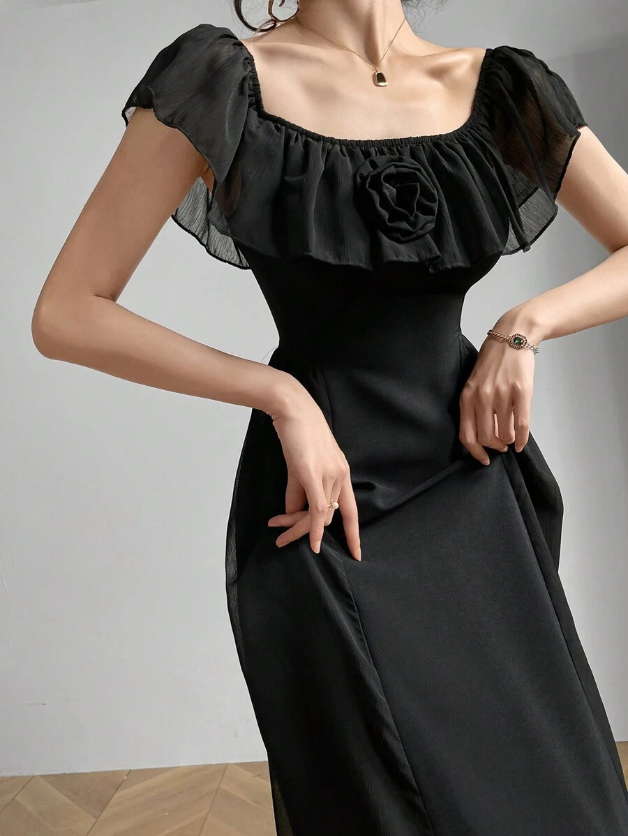 Modelyn Váy lưới trễ vai màu trơn đơn giản cho nữ mặc hàng ngày Váy dạ hội dài - màu đen - Xem 1