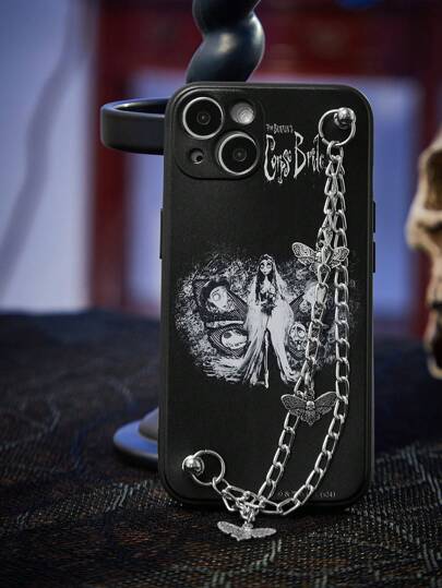 Corpse Bride | ROMWE 1pc Gothic Style Cartoon Character & Butterfly Pattern Chain Decor Black Phone Case, Halloween