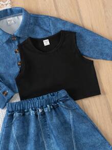 Young Girls Simple Solid Color Top And Skirt Set, Casual Daily Wear - Blue - View 6