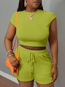Slaydiva Plus Size Yellow Sleeveless Casual Street Slouchy Slim Sports Shorts Macaron Dopamine Color Shorts Ladies Elastic Waist Suit-F