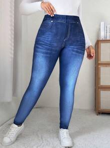 SHEIN LUNE 女式加大码牛仔效果印花紧身裤长裙 - 藍色 - 查看 5