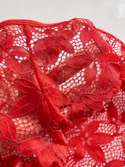 Romantic Doorschijnende Kanten Rood Verleidelijke BH Slipje Lingerie Set view 4