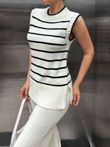 SHEIN Cottnline Striped Vest And Pant 2 Pcs Knitwear Set Casual - Apricot - View 2