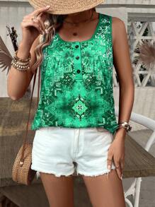 EMERY ROSE Women's Vintage Printed Simple Daily Wear Sleeveless Tank Top - Green - View 3