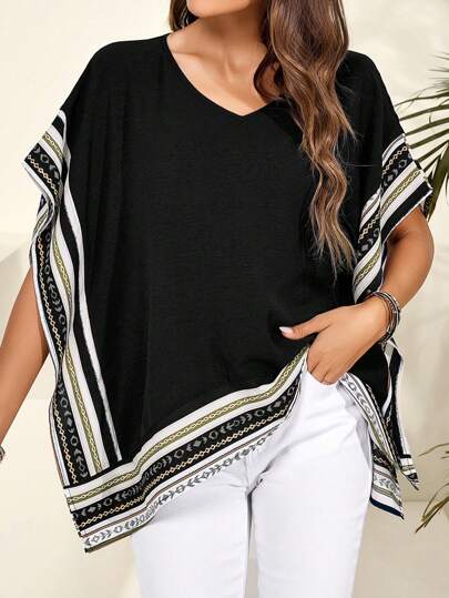 EMERY ROSE Women's Summer Spliced ​​Web V-Neck Loose Shirt