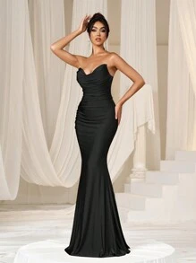 Faeriesty Women Elegant Women's Elegant Strapless Heart-Shaped Neckline Ruched Fishtail Evening Gown - Suitable For Weddings, Red Carpet Events, Formal Dinners And Other Formal Occasions,Summer Holiday Outfits - Black - View 6