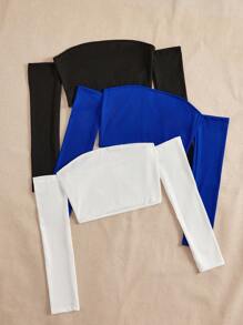 SHEIN Unity 3 件套女士纯色露肩长袖短款上衣套装，春夏 - 彩色 - 查看 3