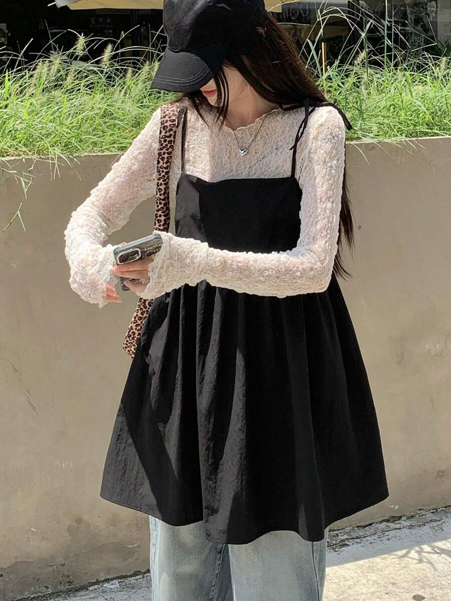 DAZY 女士纯色蝴蝶结荷叶边下摆吊带背心，夏季 - 黑色 - 查看 1