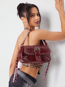 SHEIN X Lucía Bellido SHEIN SXY Fashionable Shoulder Bag With Rivet Decoration For Women And Teenagers, Fashionable Burgundy Bag Valentines
