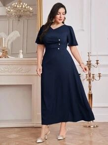 Modelyn Plus Size Women's Summer Solid Color V-Neck Short Sleeve Pleated Elegant Dress Long Evening Dresses