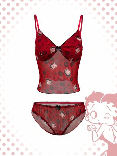 Betty Boop | ROMWE Cartoon Figure And Letter Graphic Contrasting Lettuce Trim Bow Bra And Panty Lingerie Set For Women