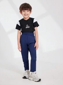 Young Boy Solid Color Elastic Waist Pocket Cuffed Casual Sports Pants - Royal Blue - View 4