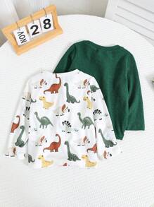 Baby Boy 2pcs/Set, Cute Cartoon Dinosaur Knitted Long Sleeve Top & Solid Color Long Sleeve Casual Top, All-Match And Versatile For Spring, Autumn, And Winter, Suitable For Daily Wear Graphic - Multicolor - View 2