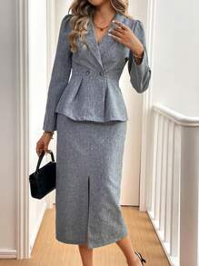 Chiquease Women's V-Neck Button Pleated Long Sleeve Blouse And Split Fashionable Business Skirt Suit - Light Grey - View 1