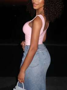 Top corto con cuello en U y tirantes de lazo cómodo estilo Y2K para mujeres - Rosa - Ver 2