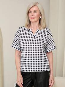 Miaspire Women's Summer Plaid V-Neck Short Sleeve Casual Shirt