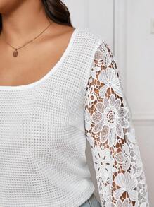 SHEIN Frenchy Plus Size Solid Color Lace Patchwork T-Shirt, Fall - White - View 5