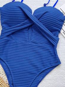 Swim SXY Women's Solid Color Simple Daily Wear One-Piece Seamless Push Up Bra Wireless Summer - Royal Blue - View 3