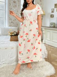 Plus Size Lace Patchwork Double Layer Ruffle Short Sleeve Floral Printed Nightgown Long Dress - Multicolor - View 4
