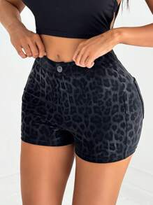 SHEIN SXY 性感豹纹 PU 短裤 - 黑色 - 查看 1