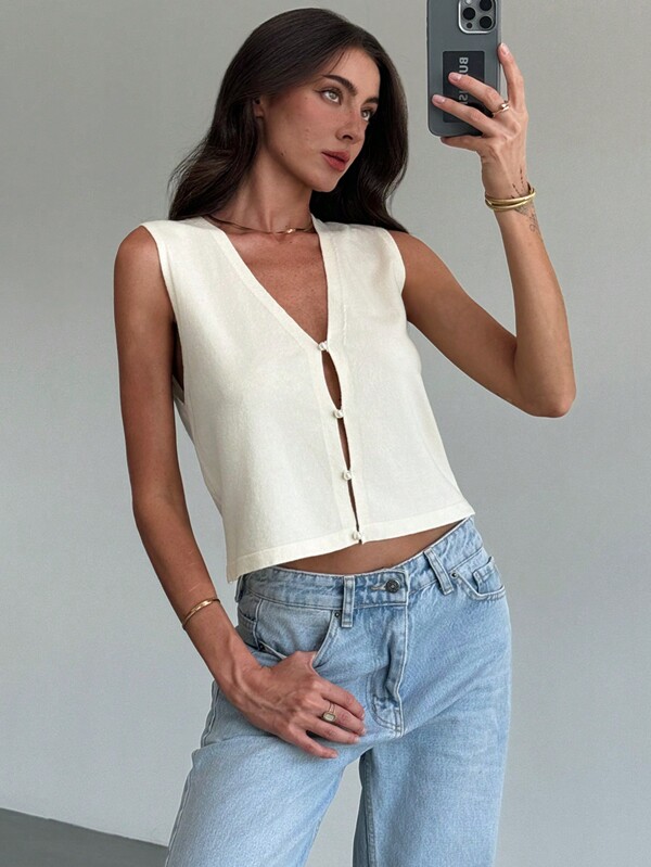 Aloruh Nueva llegada Chaleco sin mangas de punto de verano con escote en V profundo, decoración de botones de perlas, estilo relajado y diseño único para otoño/invierno