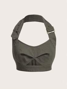 SHEIN X KeniaOs SHEIN ICON 前部剪裁短款露背上衣 - 軍綠色 - 查看 1