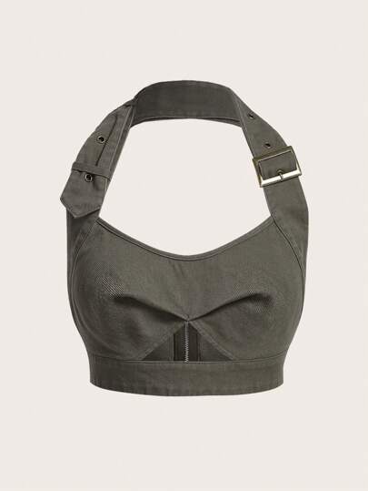 SHEIN X KeniaOs SHEIN ICON 前部剪裁短款露背上衣