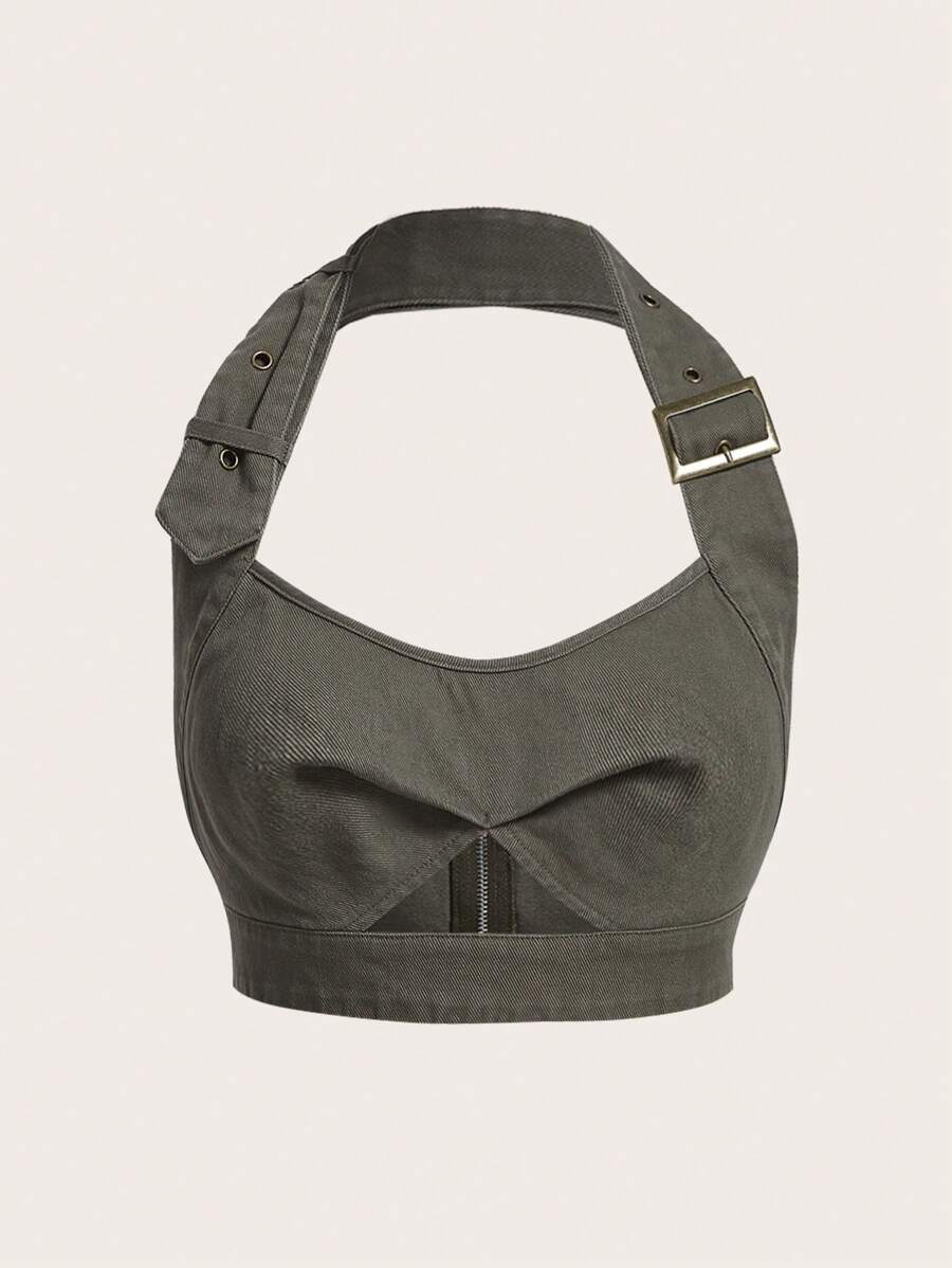 SHEIN X KeniaOs SHEIN ICON 前部剪裁短款露背上衣 - 軍綠色 - 查看 1