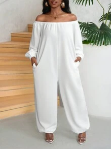 Slaydiva 休閒寬鬆長袖露肩白色連身褲，款式E - 白色 - 查看 1