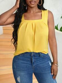 Slaydiva Simple Basic Knitted Yellow Women's Tank Top With Square Neckline, Sleeveless, Loose Fit