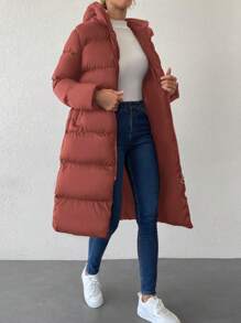 SHEIN Cottnline Zip Up Hooded Puffer Coat - Burgundy - View 1