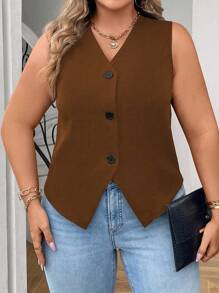 Celure 大码女式夏季纯色单排扣休闲办公背心 - 棕色 - 查看 6