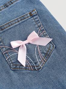 SHEIN MOD Women's Casual Flared Jeans With Bow Detail - Light Wash - View 4