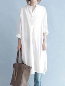 Women's Solid Button Front Curved Hem Shirt Dress Long Sleeve Fashion Casual For Spring, Autumn - White - View 4