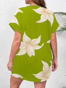 SHEIN Essnce Váy ngắn tay cổ tròn in họa tiết hoa lily cỡ lớn thường ngày cho nữ, mùa hè - trắng - Xem 4