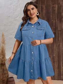 Vestido vaquero de manga corta de verano con botones frontales y dobladillo con volantes, unicolor, talla grande - Azul lavado medio - Ver 4