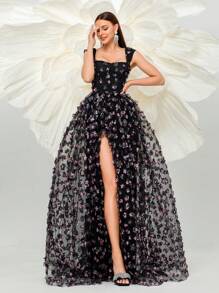 Missord 女式无袖优雅贴花网眼开衩下摆连衣裙 - 黑色 - 查看 2