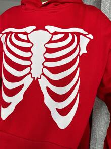 Manfinity Roghcode Manfinity Streetrush 街头风格连帽运动衫，带骷髅印花、领带和口袋长袖上衣和抽绳慢跑裤休闲装，万圣节服装 - 紅色 - 查看 5