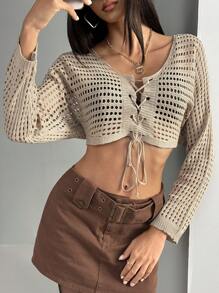 Aveloria Affinna Short Hollow Out Knitted Lace Up Sweater With Tie, Y2K Style, Fall Winter - Coffee Brown - View 1