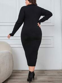 SHEIN Cottnline Women's Plus Solid Rib-Knit Bodycon Sweater Dress, For Winter - Black - View 2