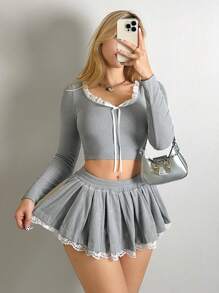 Sweetina 蕾丝花边与蝴蝶结装饰超低腰宽褶蕾丝裙短裙两件套