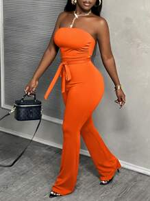 Slaydiva 女性休閒基本款優雅酒紅色腰帶管身連體褲，E - 橘色 - 查看 11