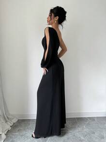 Rafferiza 女士纯色简约日常不对称领口连衣裙秋装，女士派对开叉，开叉大腿长袖不对称领口常规款式长款黑色开叉袖纯色修身女士长裙，春/秋，派对/夜总会装扮超长女装 - 黑色 - 查看 2