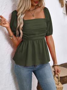 SHEIN Clasi Áo sơ mi peplum cổ tròn tay ngắn đơn giản cho nữ - xanh quân đội - Xem 5